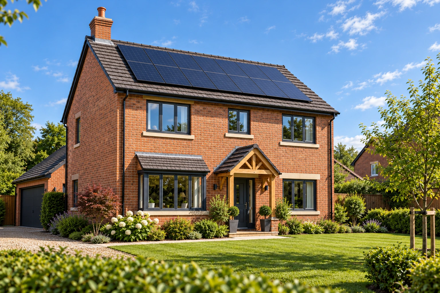 A home with solar panels on its roof and a leafy garden